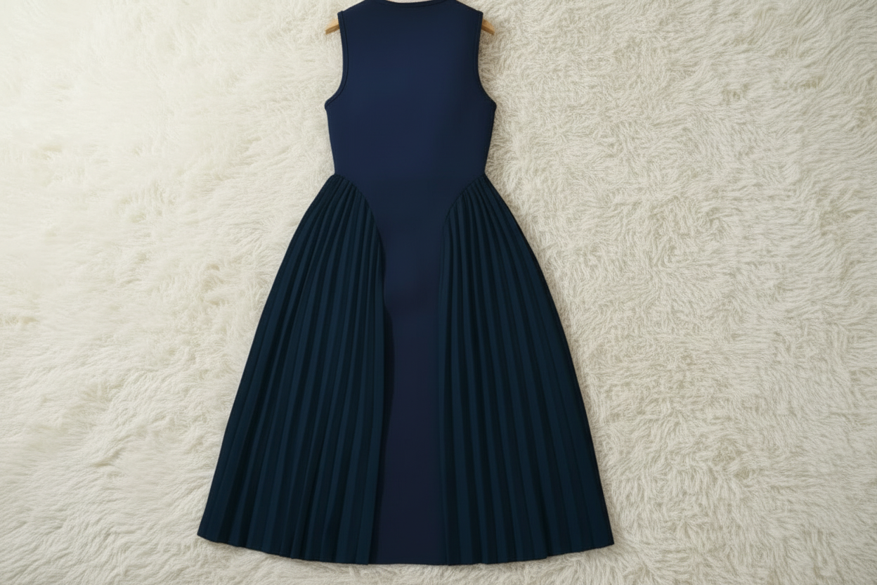 Elegant High‑Neck Pleated Skirt Dress - Mint & Navy