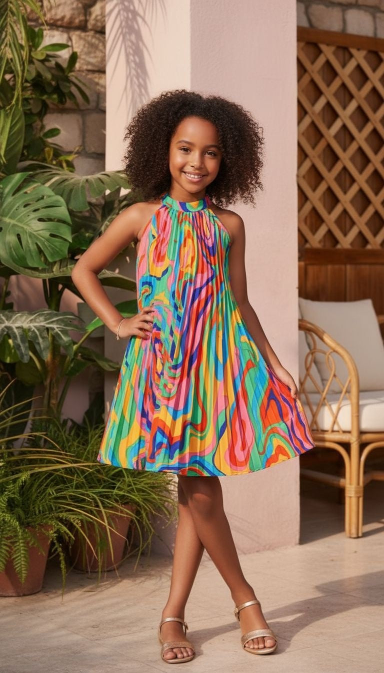 Rainbow Swirl Pleated Swing Dress