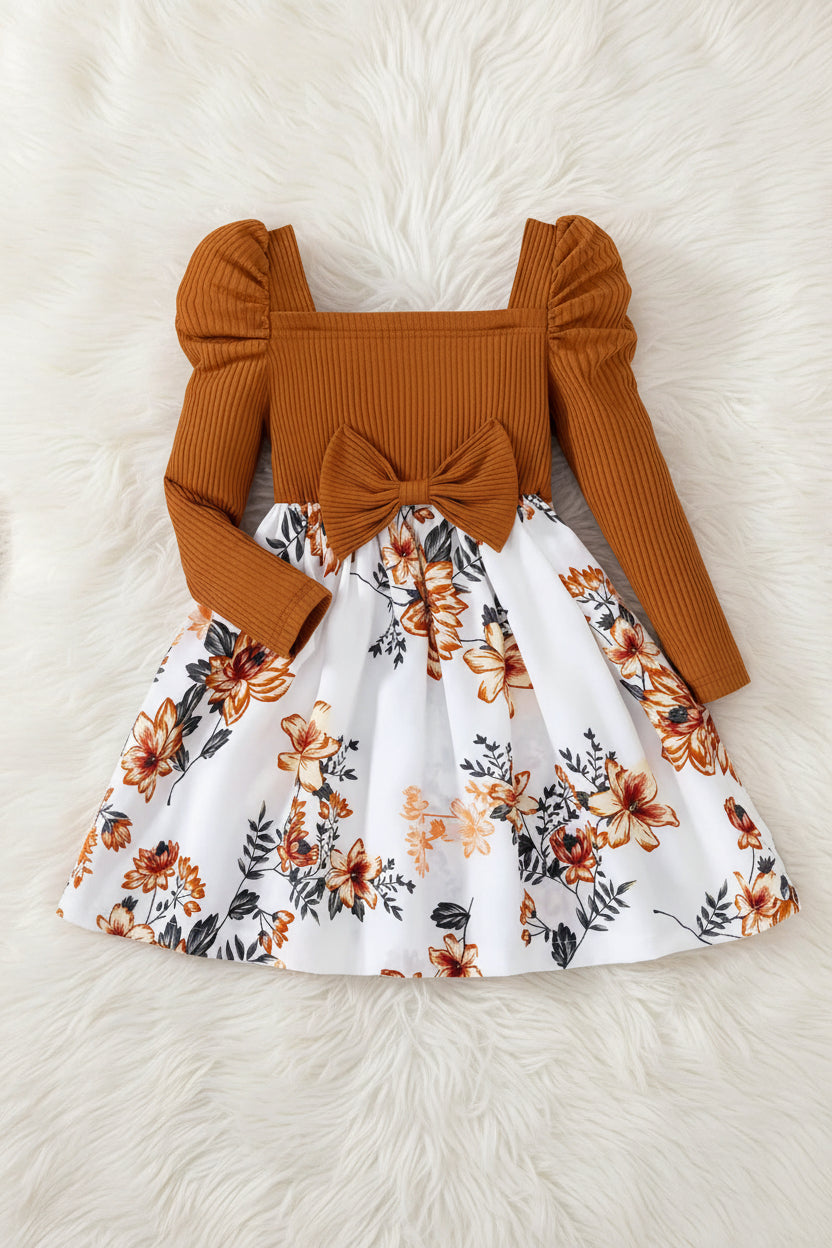 Long Sleeve Floral Bow Dress – Ribbed Bodice with Puff Sleeves
