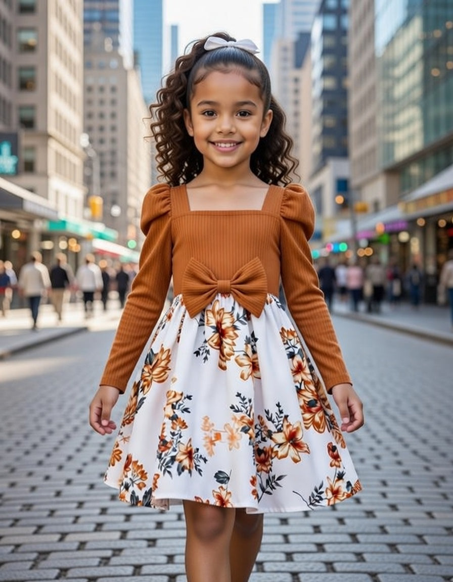 Long Sleeve Floral Bow Dress – Ribbed Bodice with Puff Sleeves