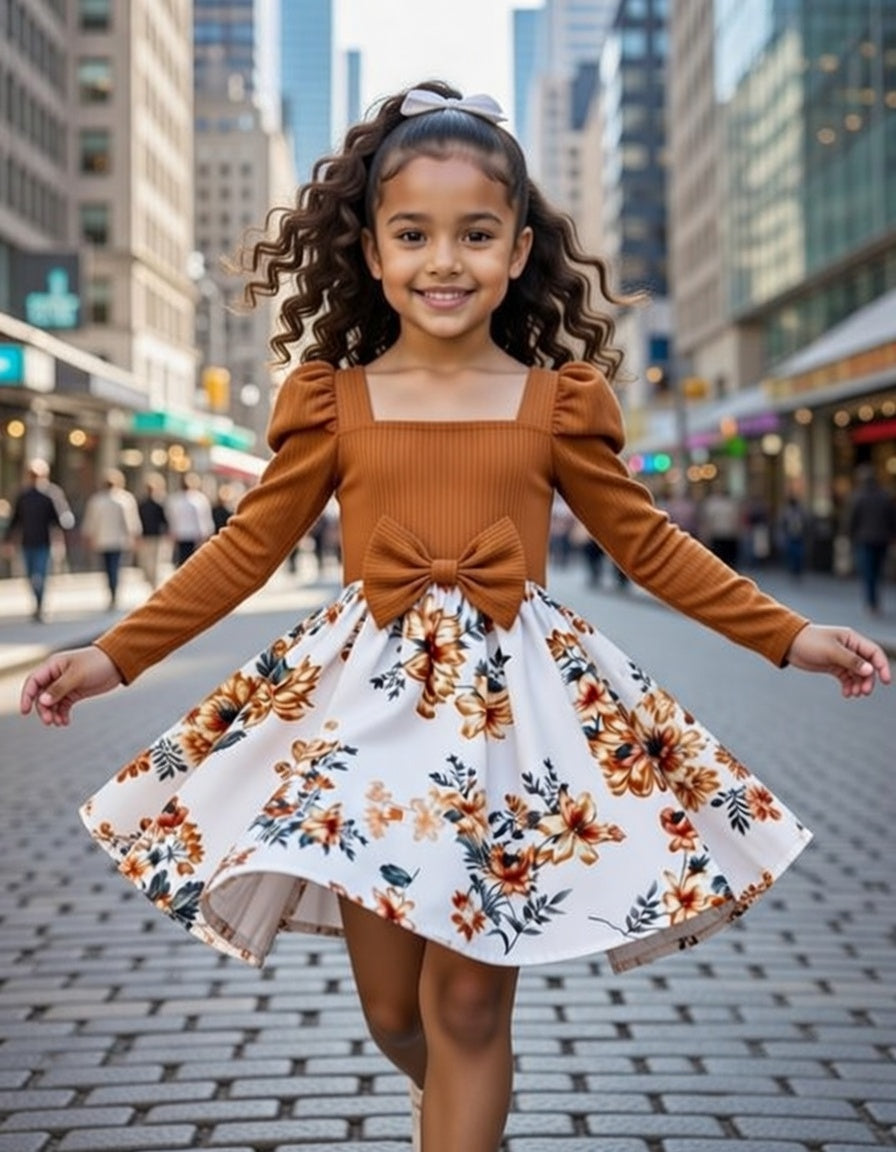 Long Sleeve Floral Bow Dress – Ribbed Bodice with Puff Sleeves
