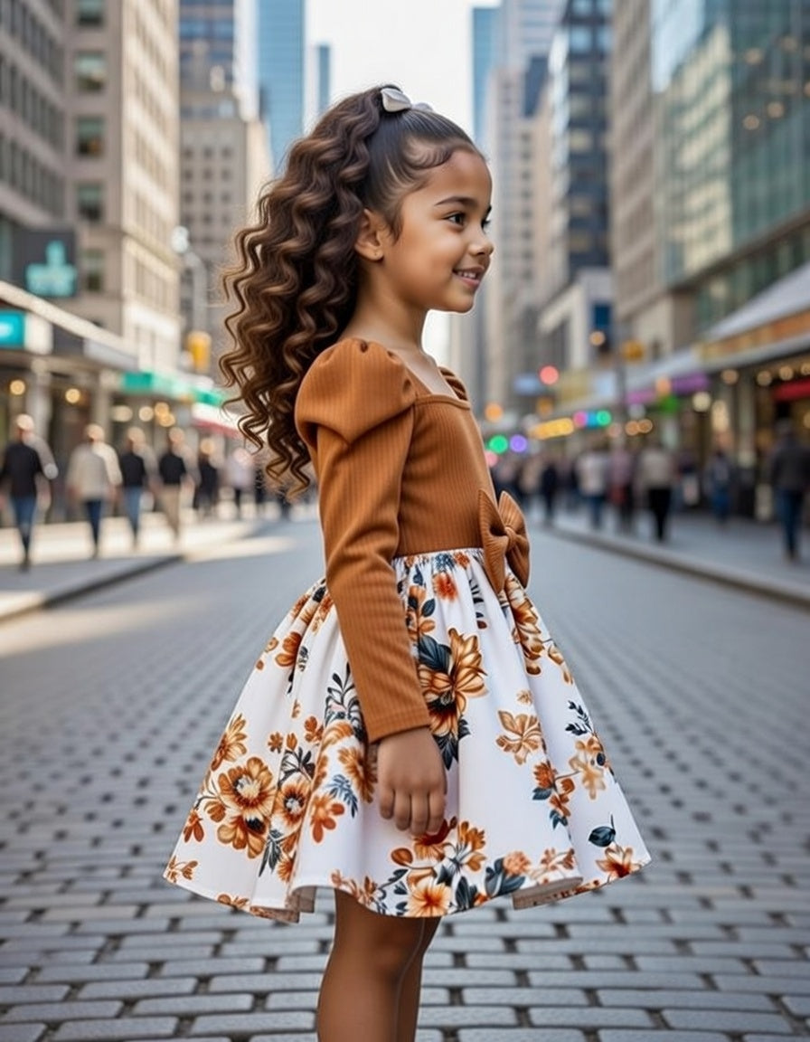 Long Sleeve Floral Bow Dress – Ribbed Bodice with Puff Sleeves