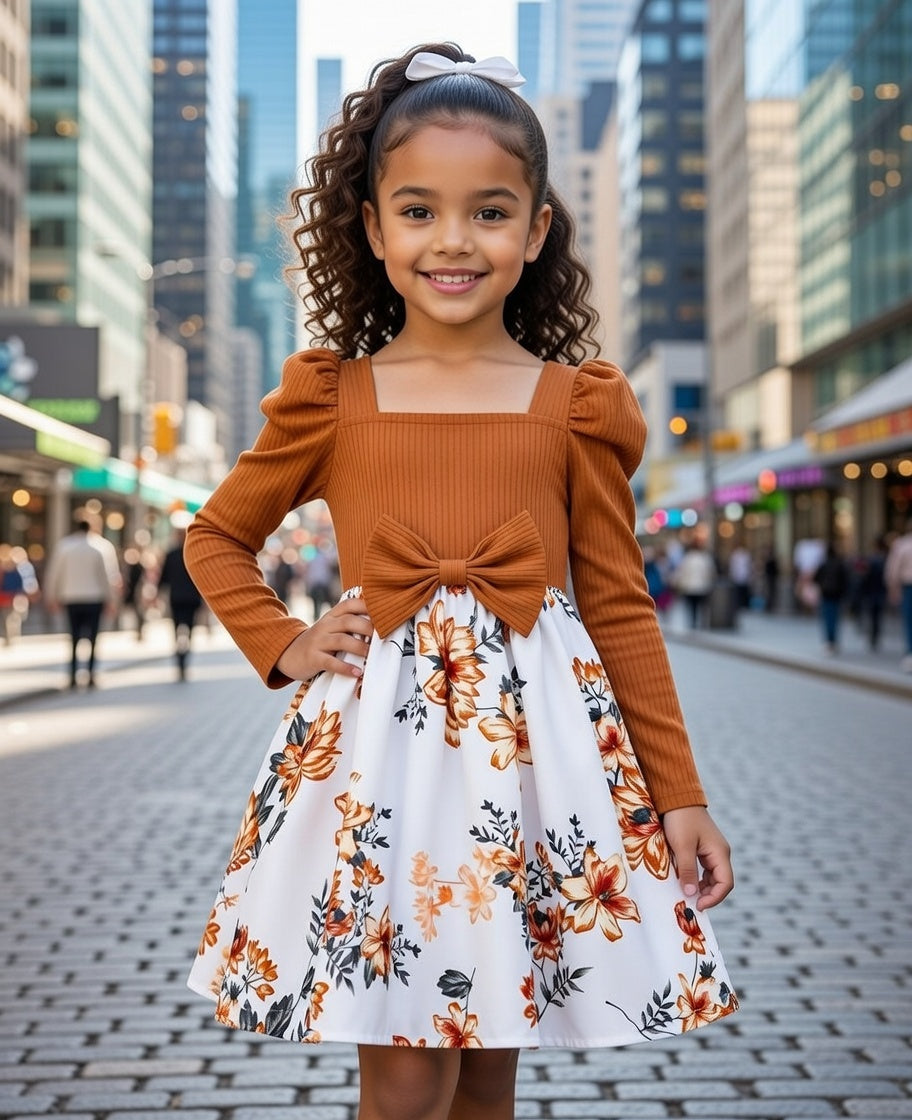 Long Sleeve Floral Bow Dress – Ribbed Bodice with Puff Sleeves