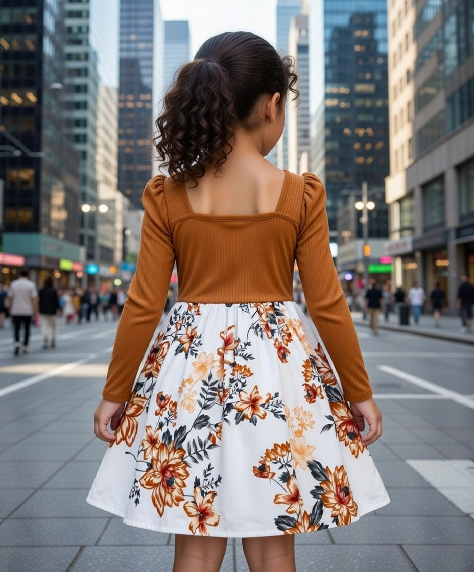 Long Sleeve Floral Bow Dress – Ribbed Bodice with Puff Sleeves