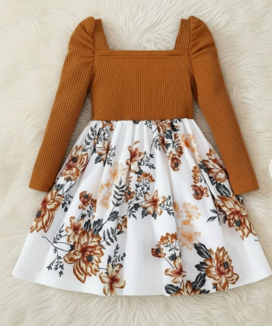 Long Sleeve Floral Bow Dress – Ribbed Bodice with Puff Sleeves