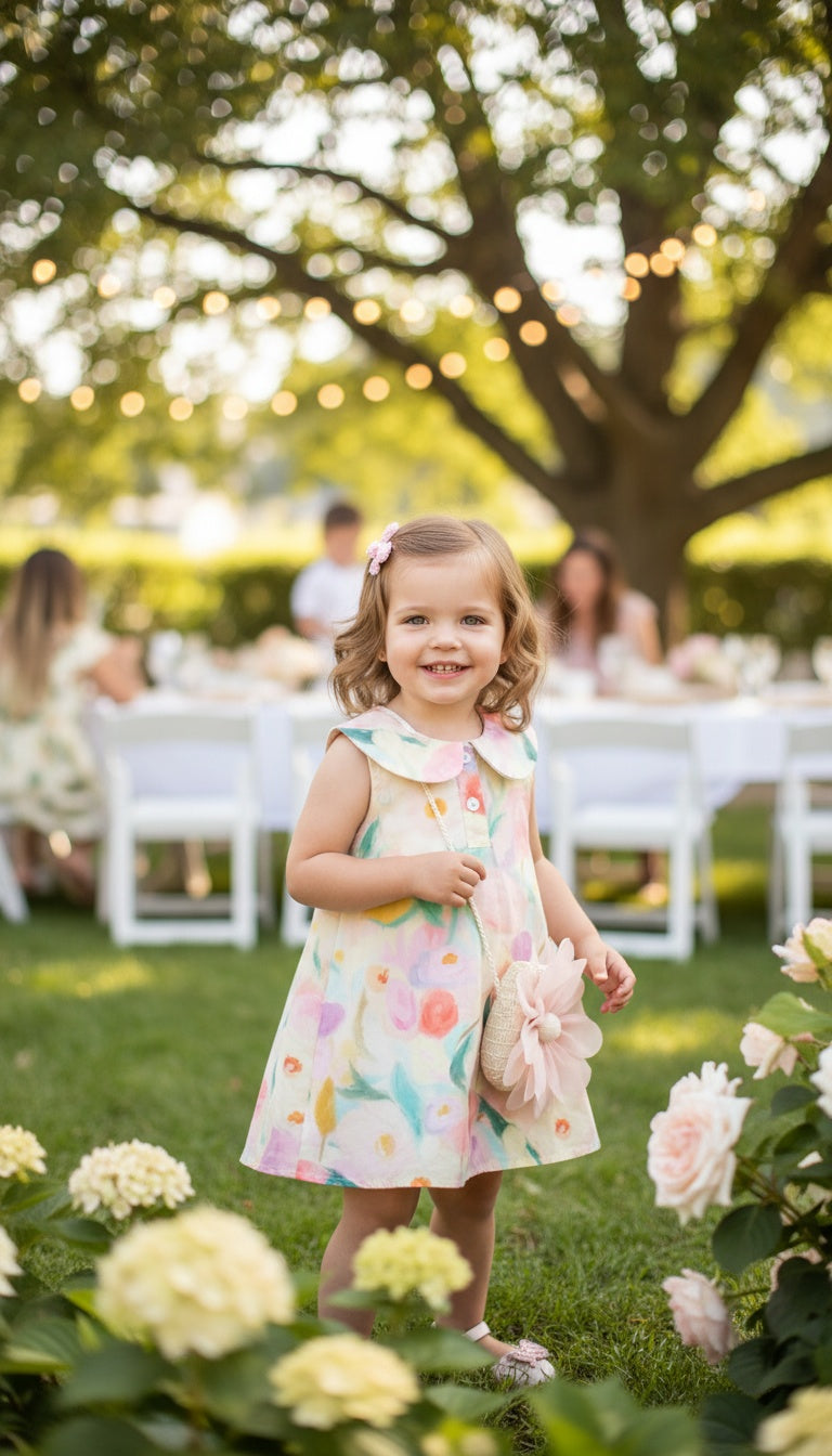 Pastel Floral Swing Dress with Collar & Flower Purse