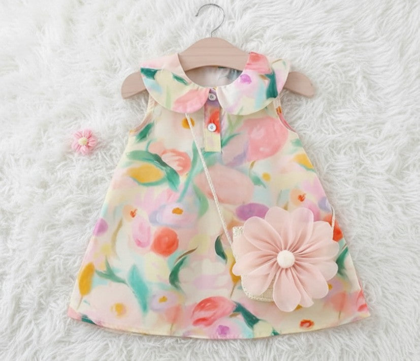 Pastel Floral Swing Dress with Collar & Flower Purse