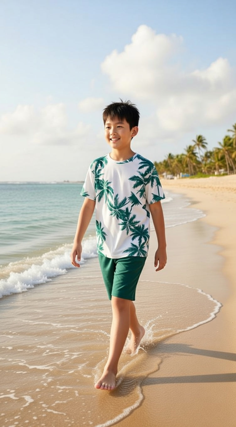 Tropical Summer Set – Palm Print T‑Shirt + Matching Green Shorts