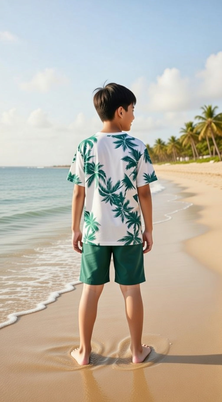 Tropical Summer Set – Palm Print T‑Shirt + Matching Green Shorts