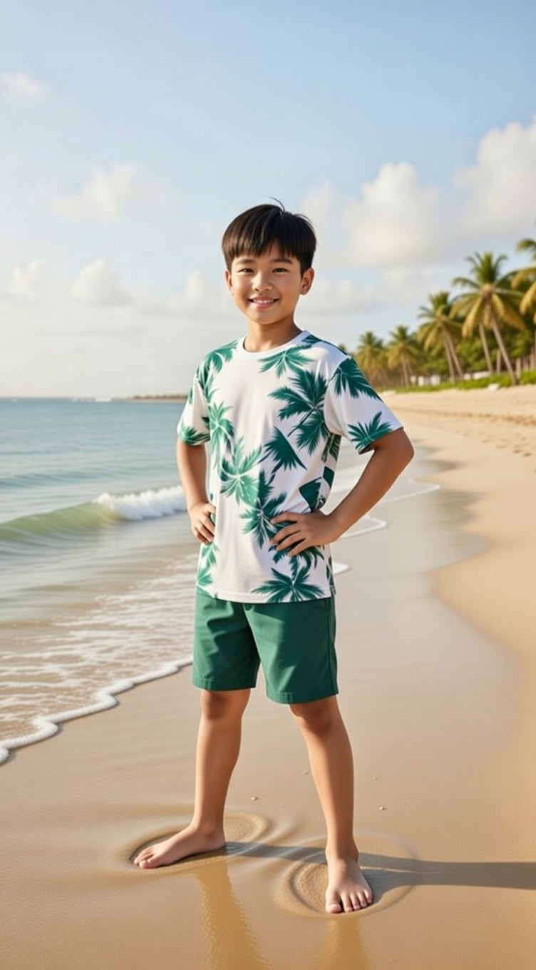 Tropical Summer Set – Palm Print T‑Shirt + Matching Green Shorts