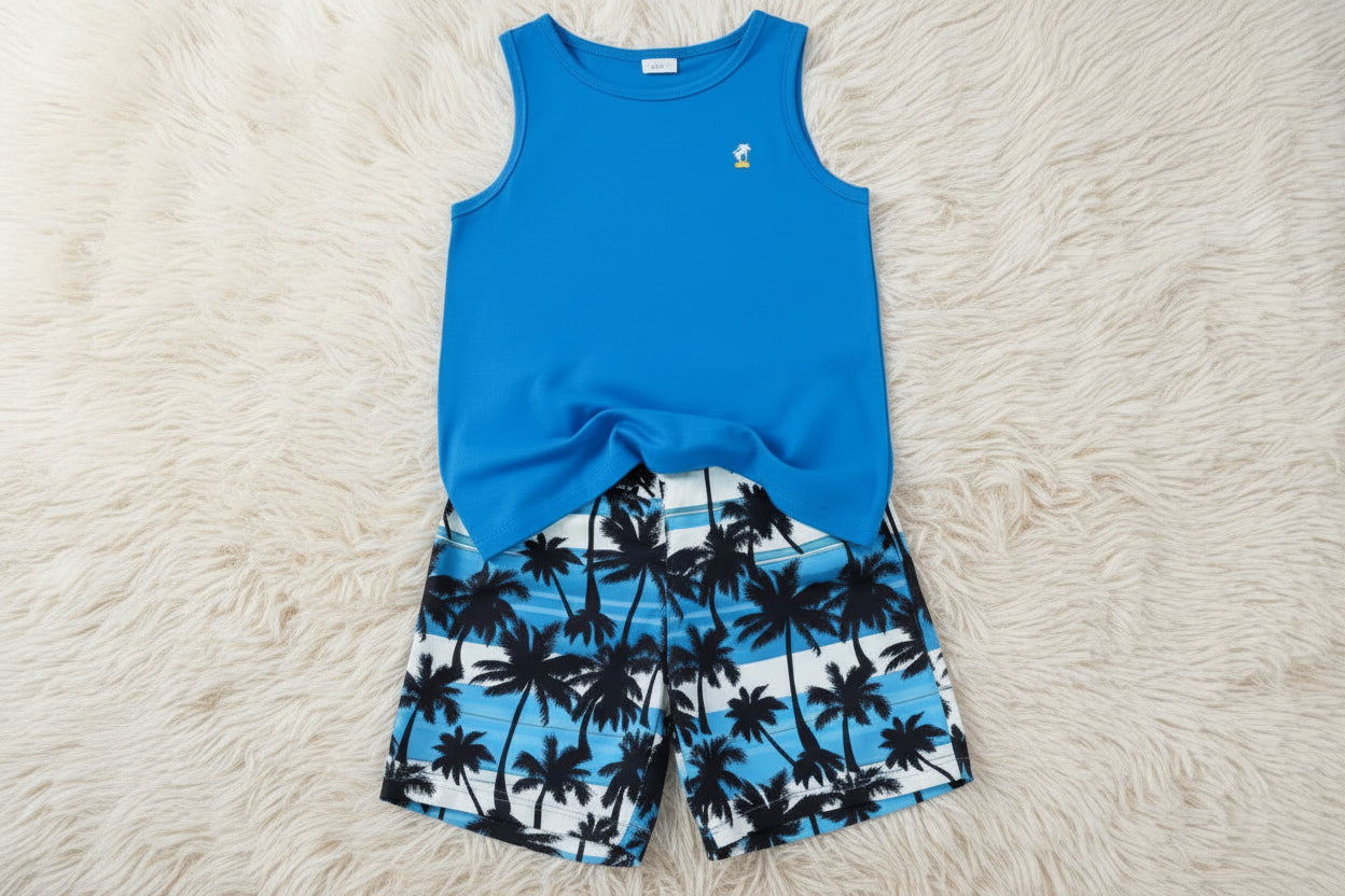 Kids’ Summer Outfit – Sleeveless Blue Tank + Palm Print Shorts