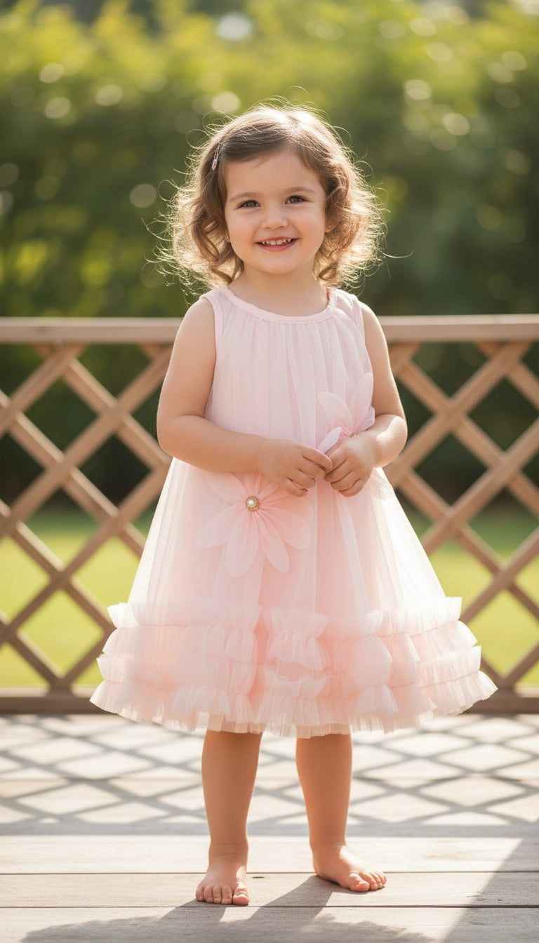 Girls’ Fairy Tulle Dress with 3D Floral Appliqués
