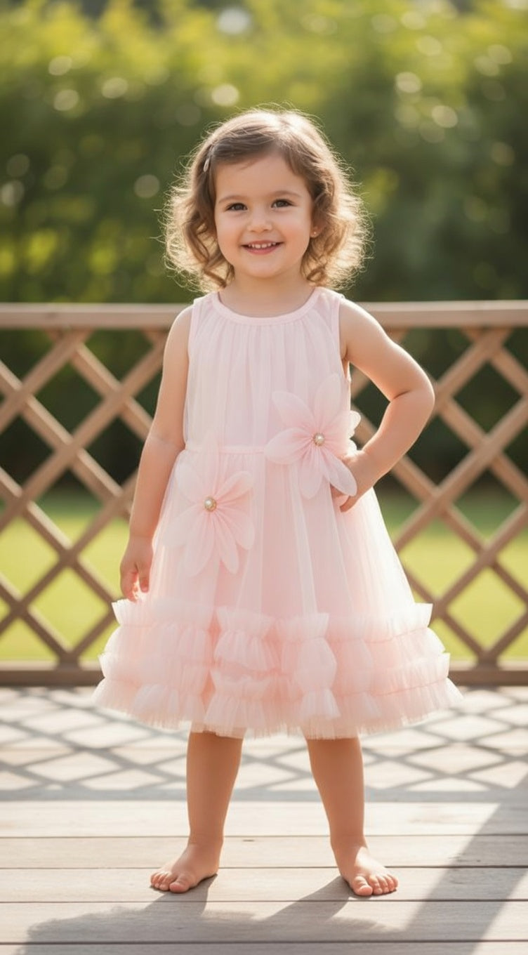 Girls’ Fairy Tulle Dress with 3D Floral Appliqués