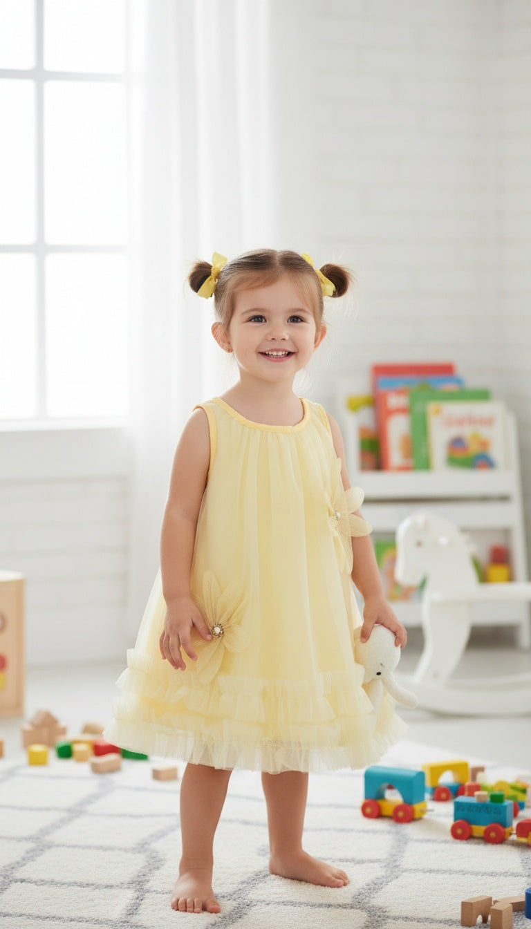 Girls’ Fairy Tulle Dress with 3D Floral Appliqués