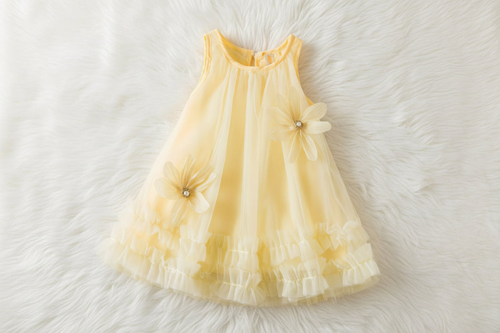 Girls’ Fairy Tulle Dress with 3D Floral Appliqués