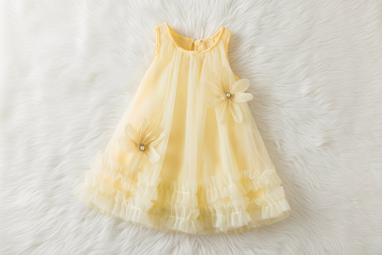 Girls’ Fairy Tulle Dress with 3D Floral Appliqués