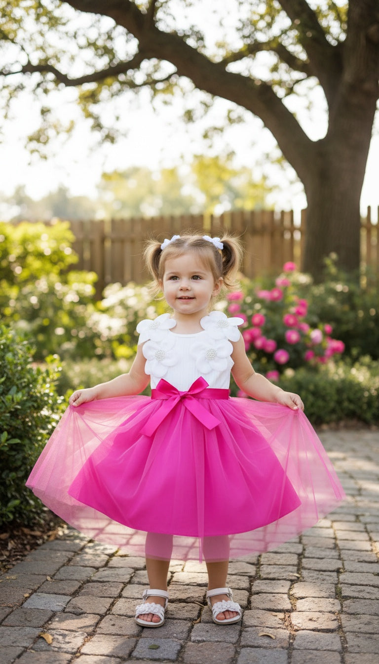Elegant Tulle Dress with 3D Floral Bodice & Satin Bow