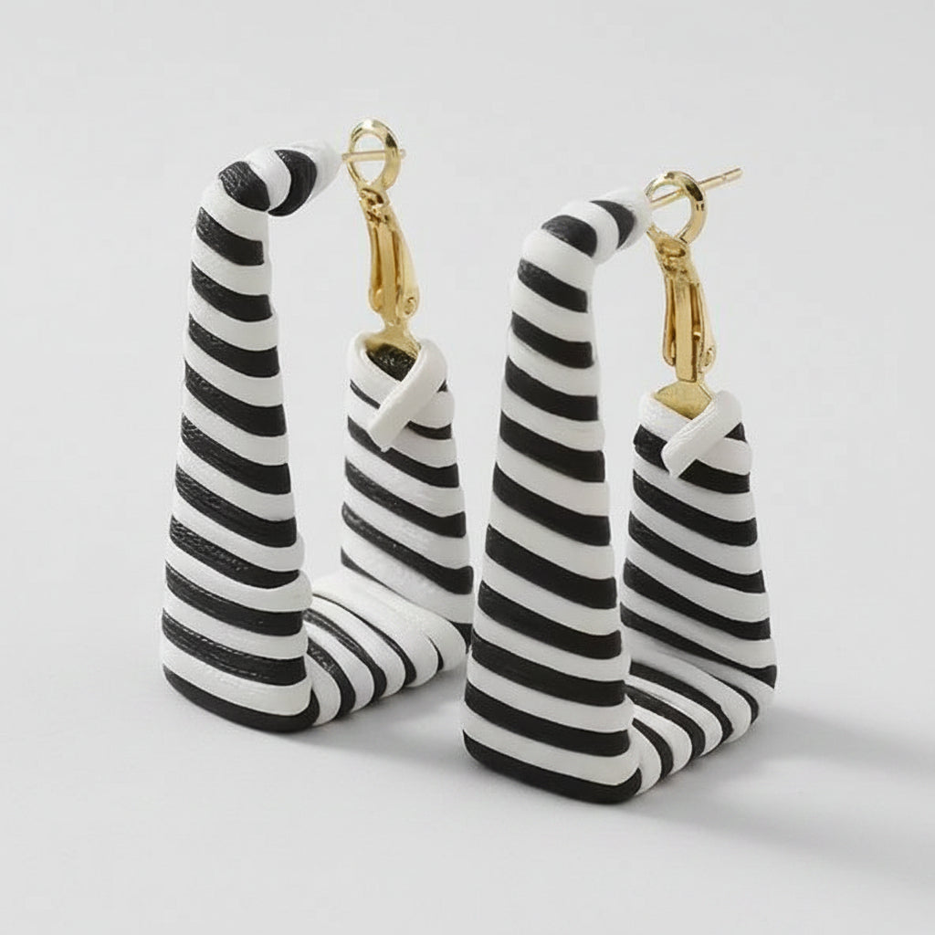 Black & White Stripe Rectangle Hoop Earrings