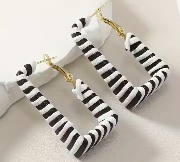 Black & White Stripe Rectangle Hoop Earrings
