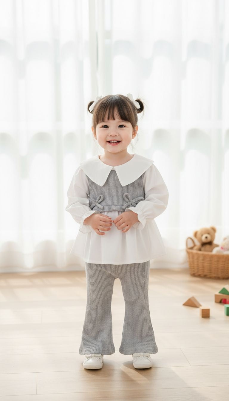 White Peter Pan Collar Top & Gray Ribbed Pant