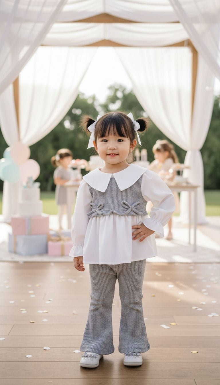 White Peter Pan Collar Top & Gray Ribbed Pant