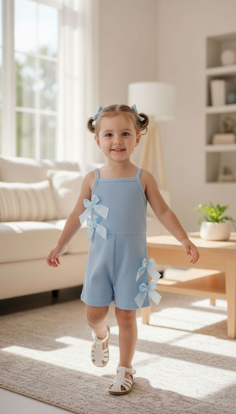 Girls’ Bow Accent Ribbed Romper – Sleeveless One‑Piece Summer Outfit