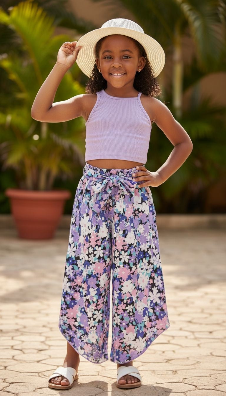 Girls’ Pastel Floral Maxi Skirt & Ribbed Tank Top Set – 2‑Piece Outfit
