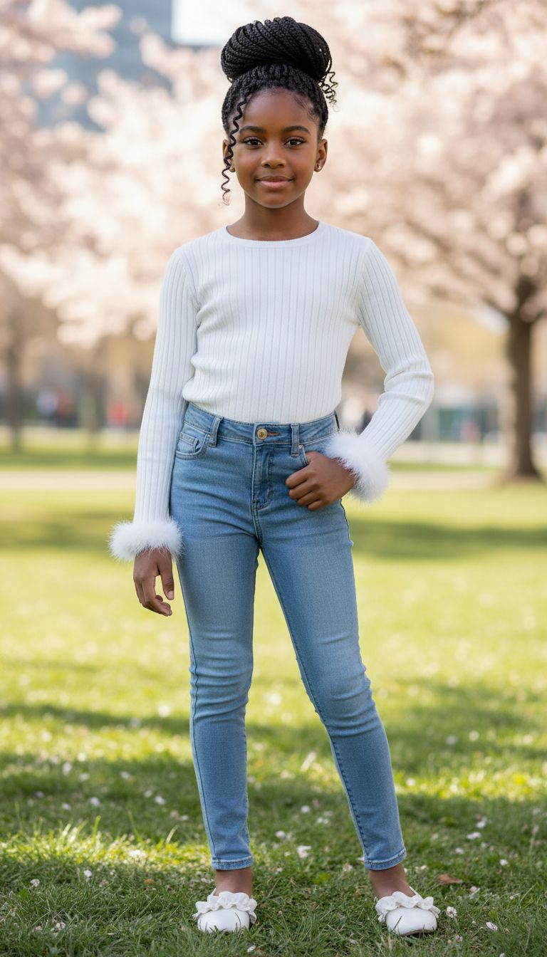 White Ribbed Sweater with Faux Fur Cuffs