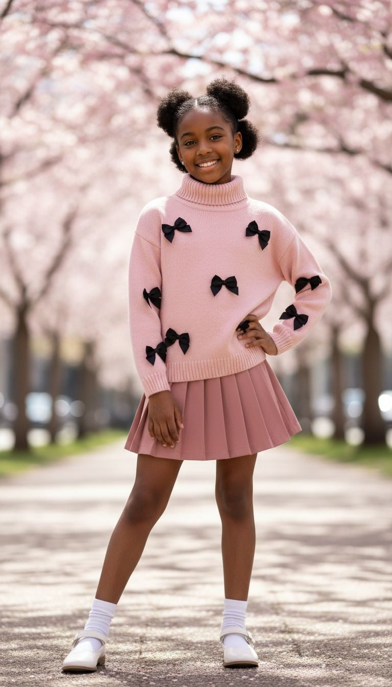Chic Baby Pink Sweater with Black Bow Accents