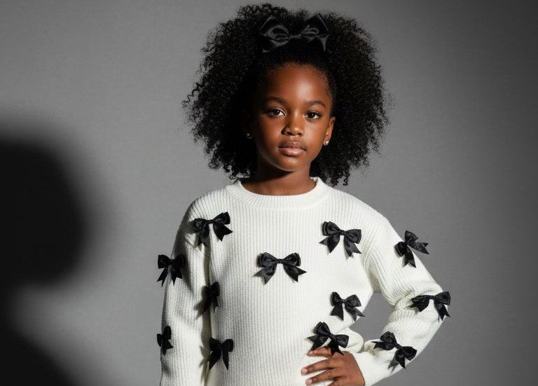 Chic White Sweater with Black Bow Accents