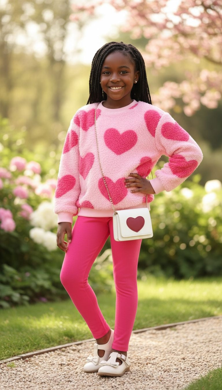 Cozy Pink Heart Print Two-Piece Set
