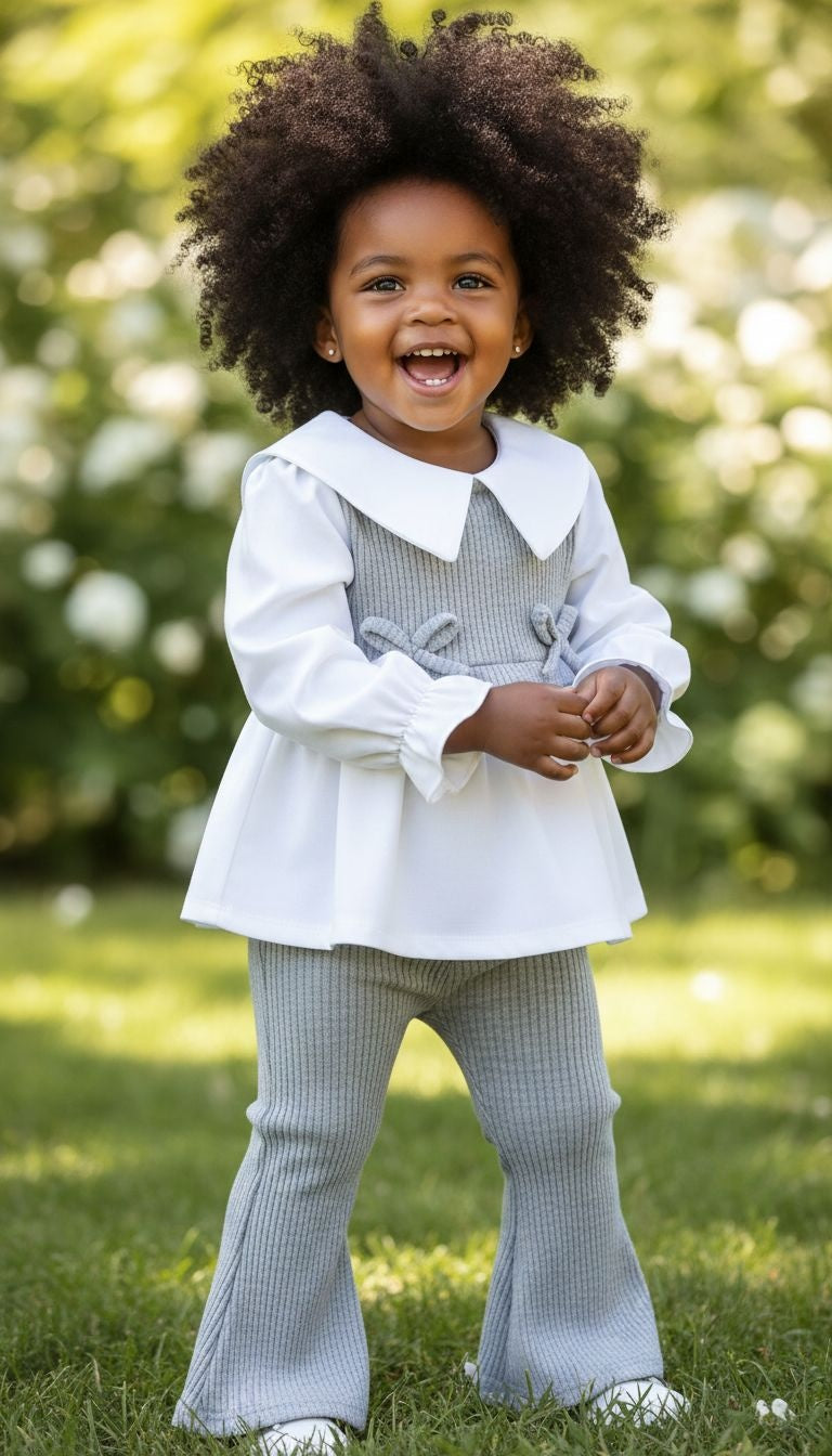 White Peter Pan Collar Top & Gray Ribbed Pant