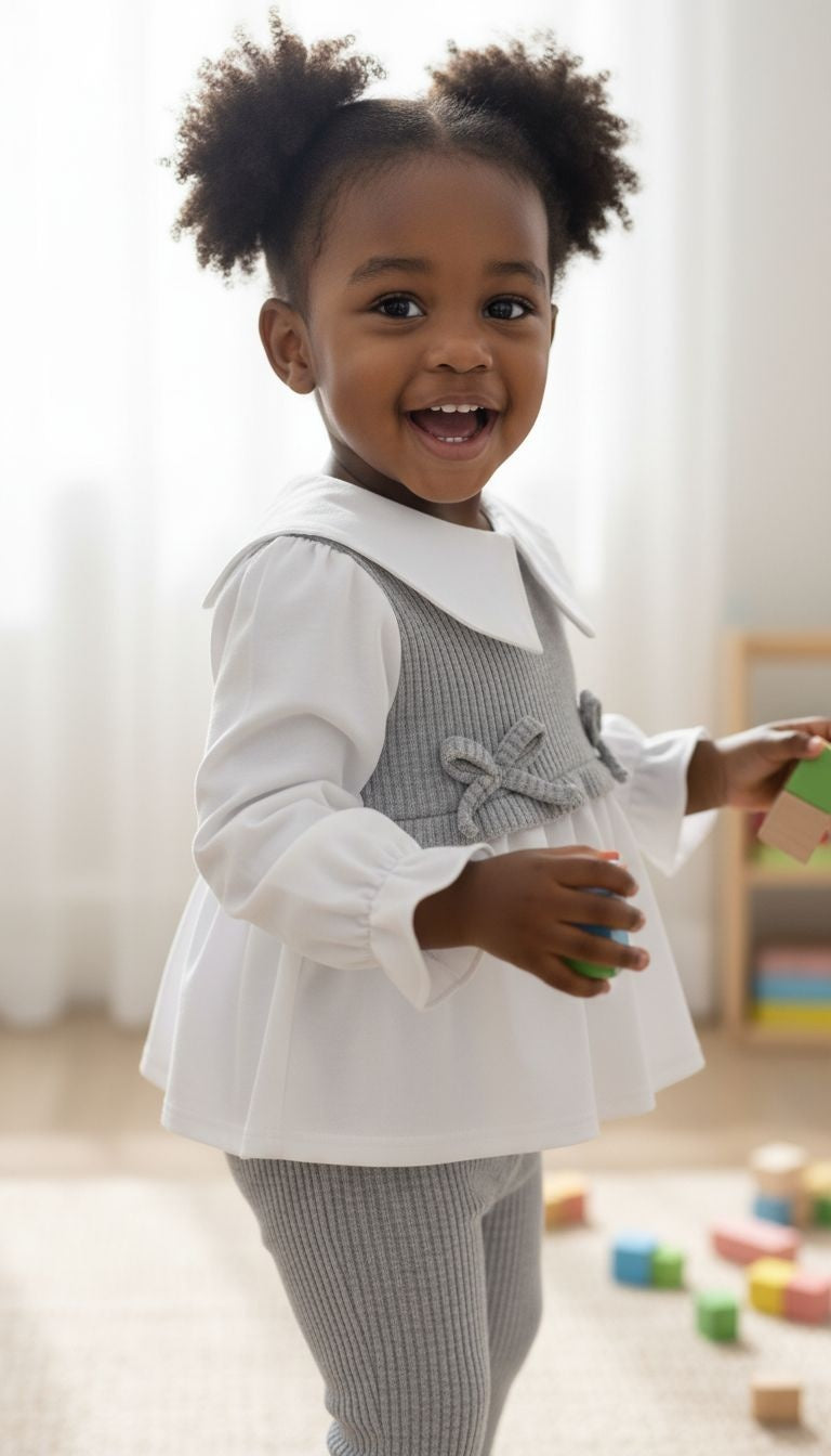 White Peter Pan Collar Top & Gray Ribbed Pant