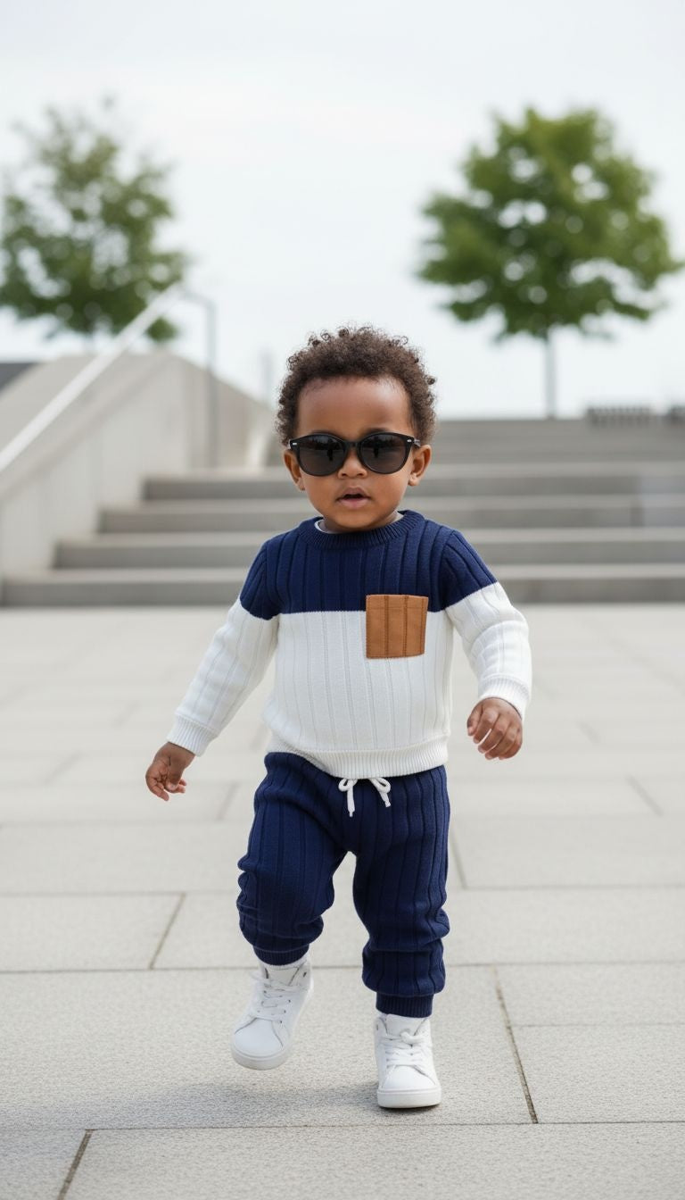 Modern & Cozy: White and Navy Color-Block Ribbed Knit Set