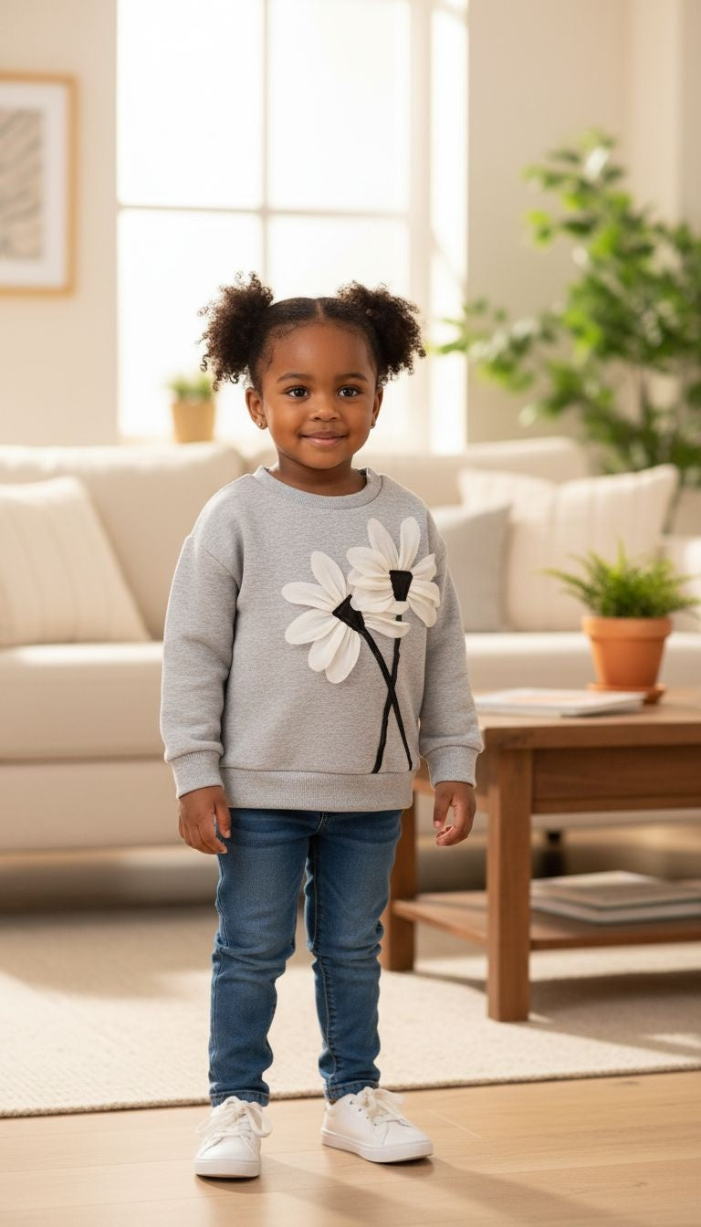 Gray Sweatshirt with 3D Daisy Design