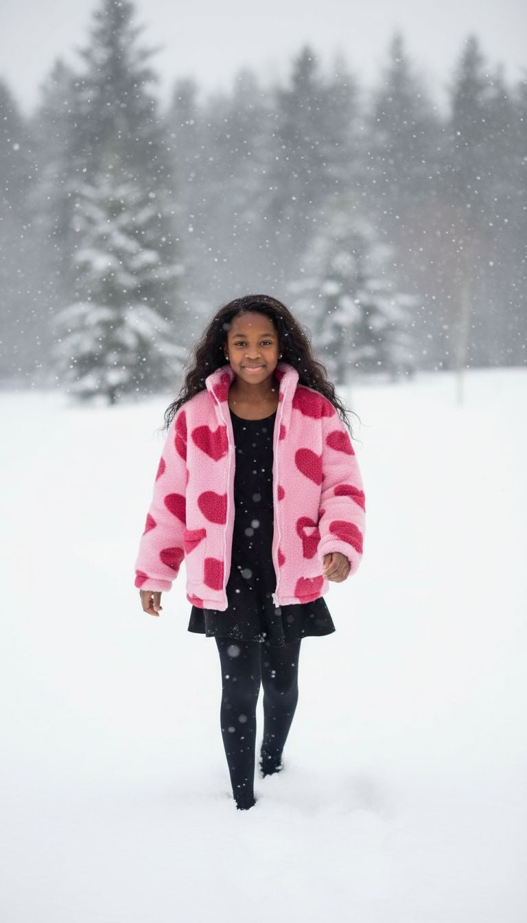 Pink Heart Print Fleece Jacket