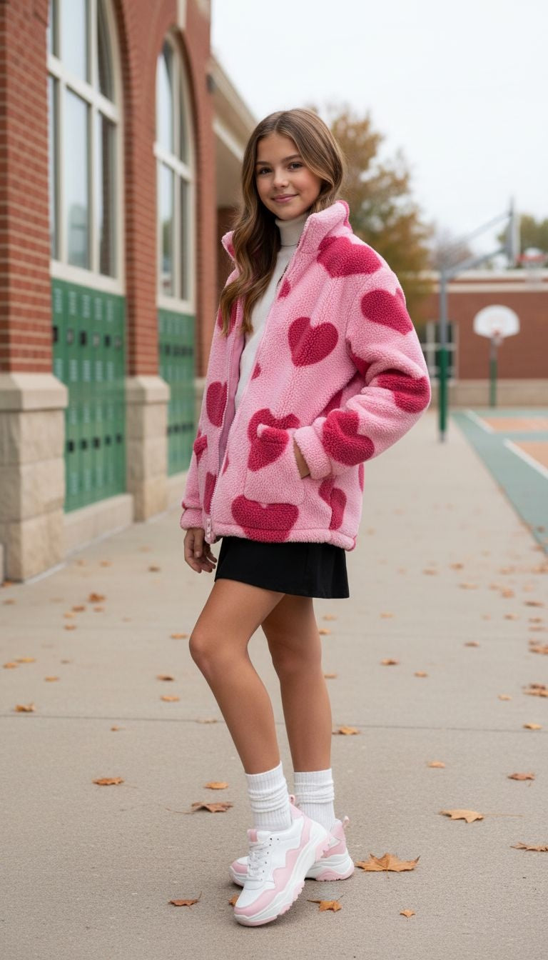 Pink Heart Print Fleece Jacket