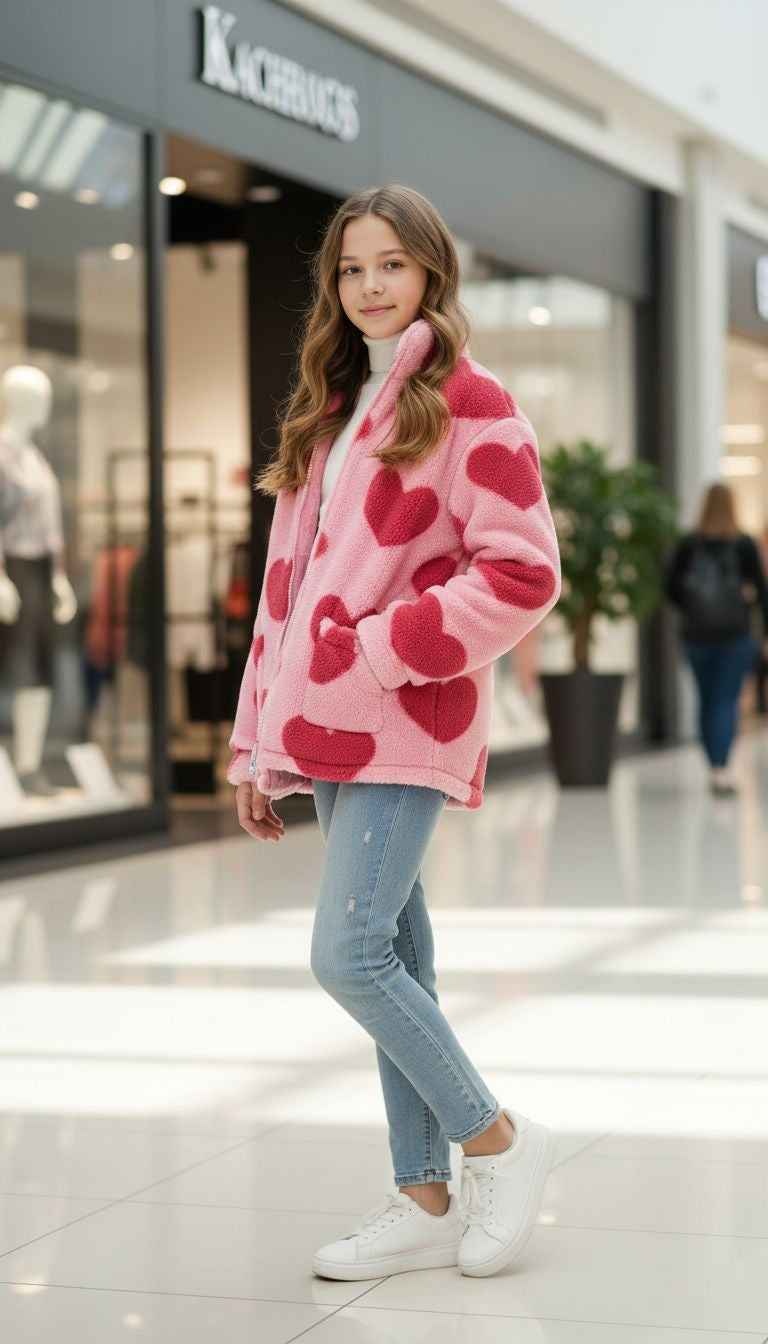 Pink Heart Print Fleece Jacket